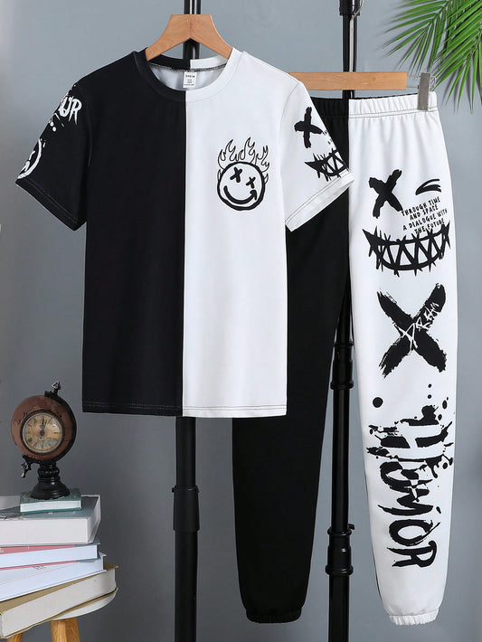 Tween Boys' Face Print Short Sleeve T-Shirt And Sweatpants 2pcs/Set