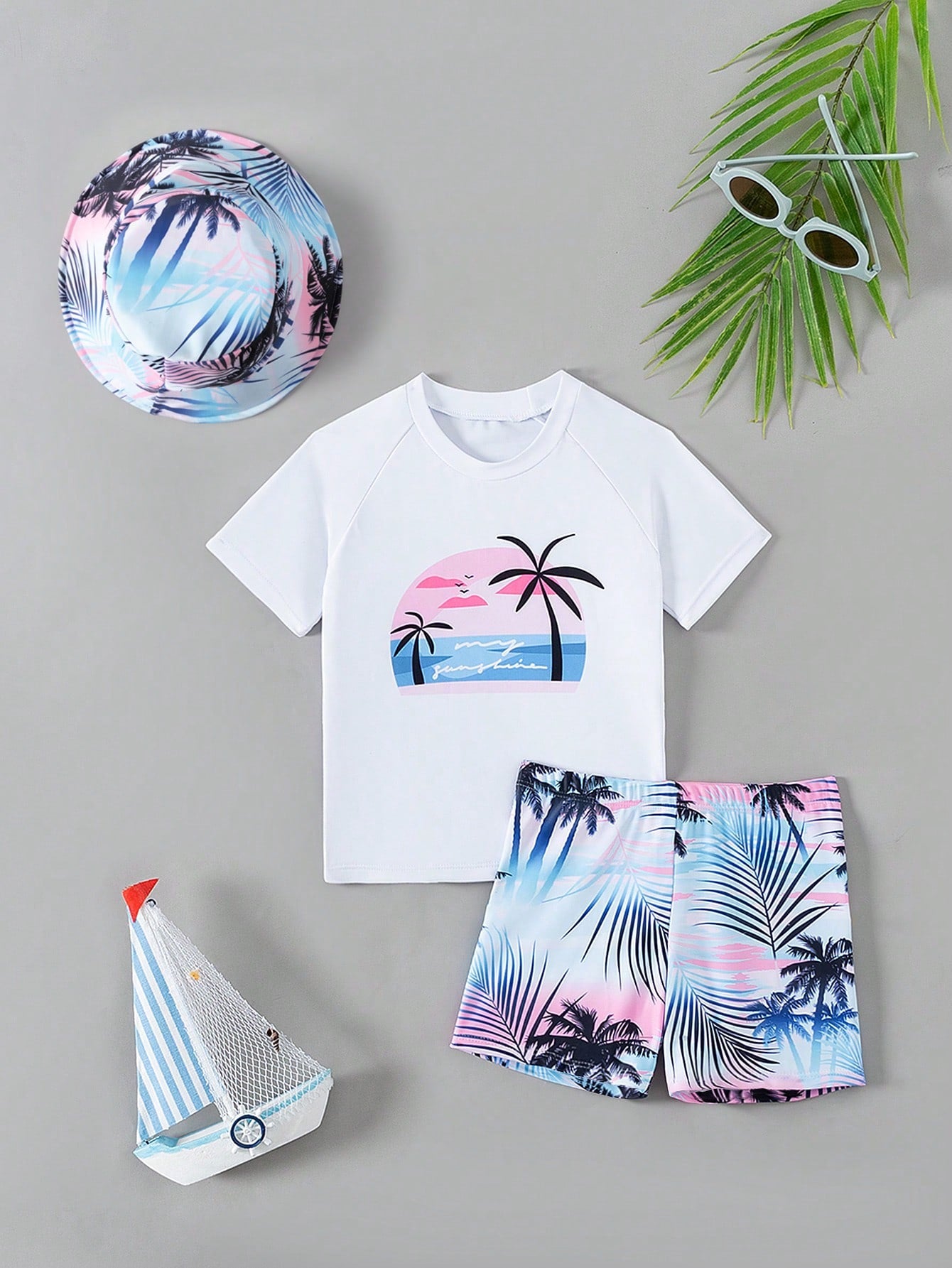 Young Boy 2pcs/Set Locational Print Short Sleeve Round Neck Top With Shorts, Summer Swimming Suit