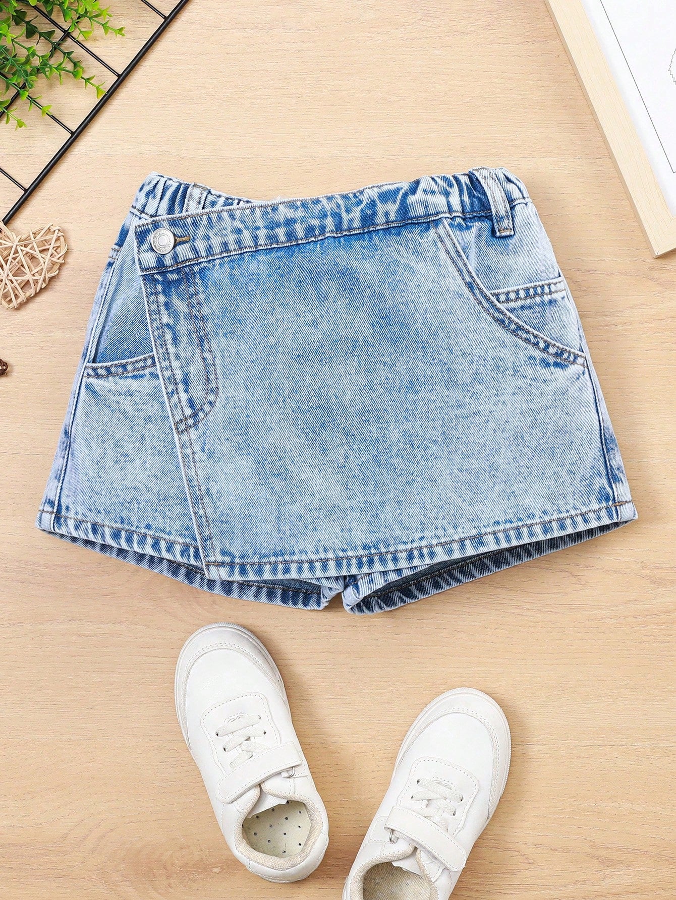 Kids Tween Girl Irregular Design Heavy Washed Ripped Denim Skort, Fashionable And Versatile, Anti-Exposure