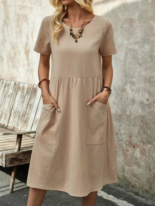 Women's Spring Round Neck Short-Sleeve Dress With Pockets And Doll Pattern