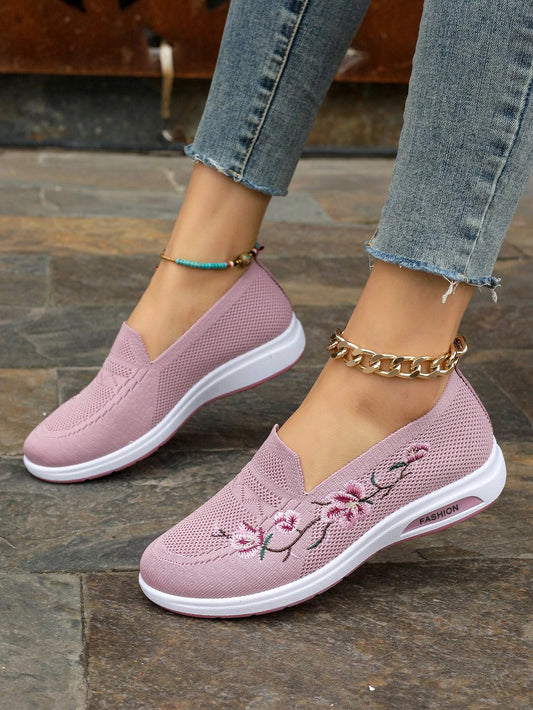 Women'S Slip-On Embroidery Sneakers, Soft Breathable Sole, Casual Sports Shoes