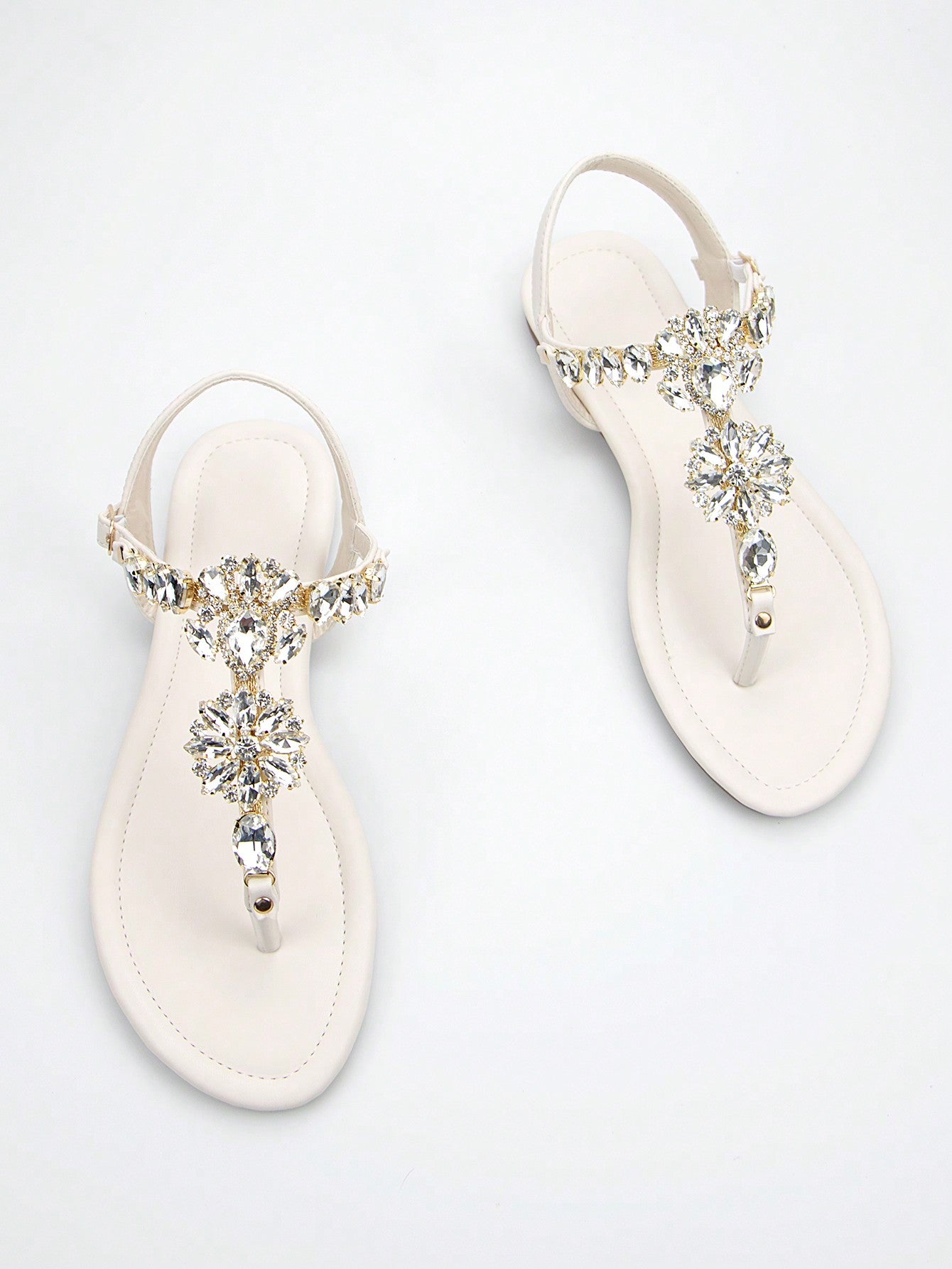 Women Rhinestone Decor Ankle Strap Thong Sandals, Glamorous Summer Flat Sandals