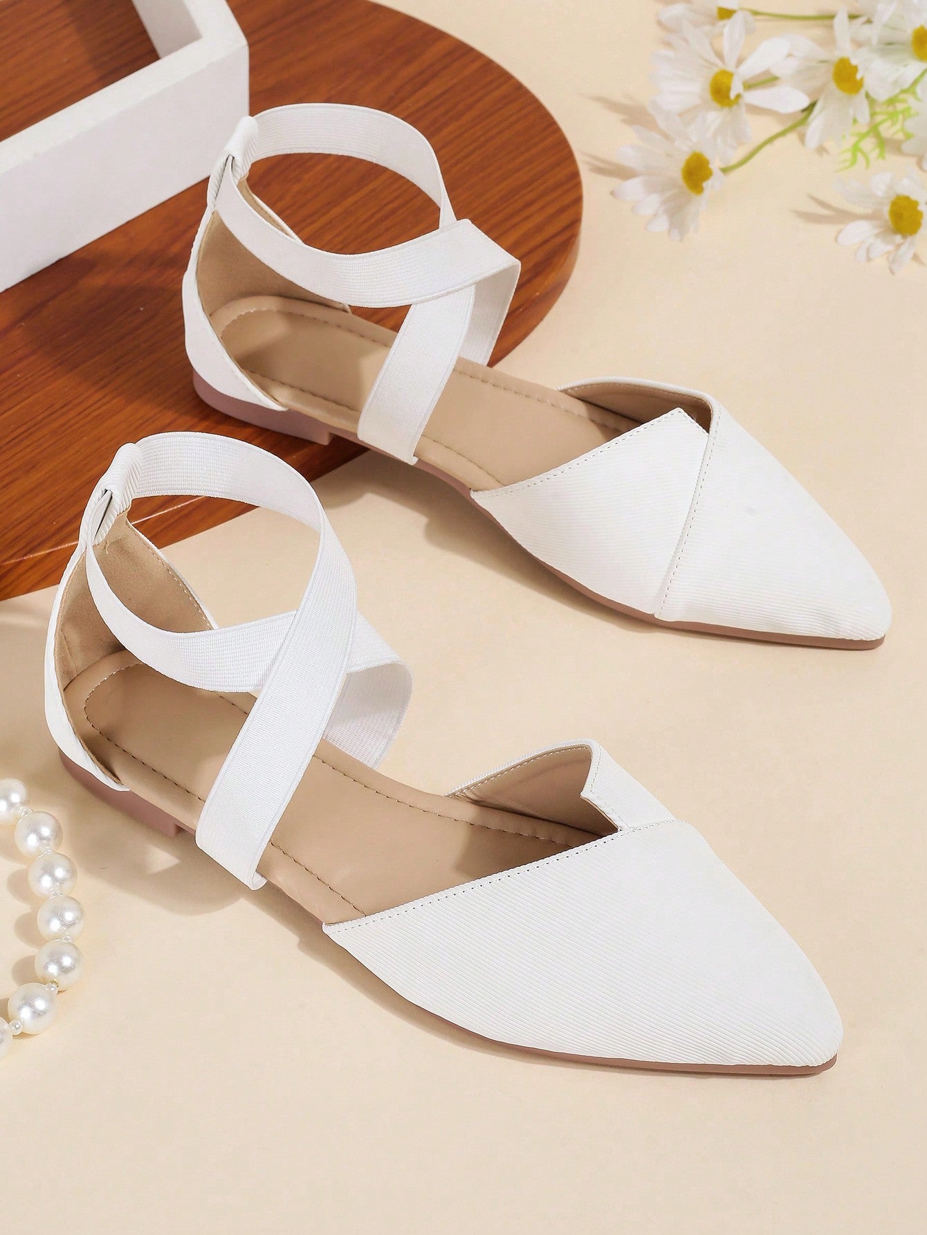 Women Point Toe Cross Strap Flats, Fashion Linen Ankle Strap Flats