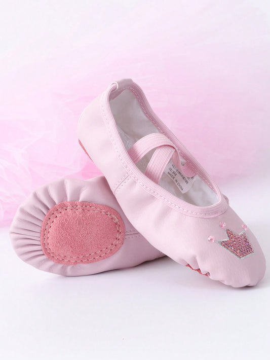 Girls' Dance Shoes Pu Leather Soft Sole Crown Pattern Ballet Slippers For Kindergarten Practice, Non-Slip Dance Shoes