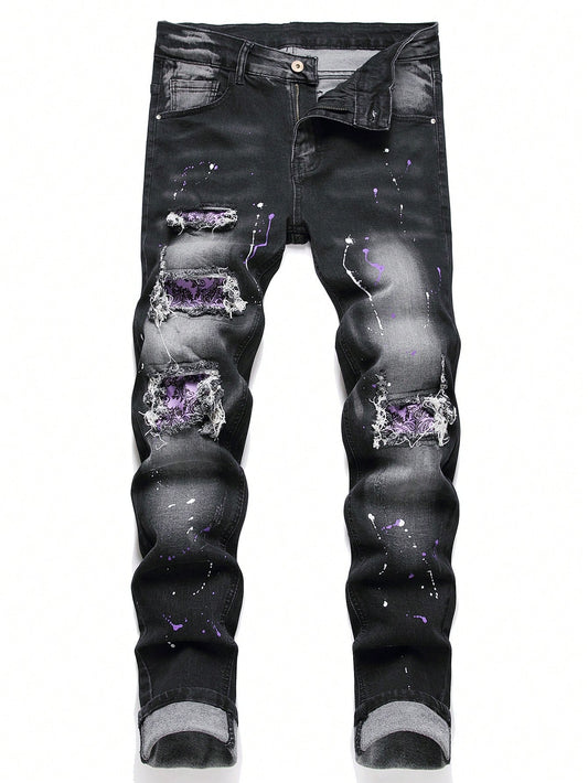 Men'S Plus Size Ripped Ink Splash Printed Jeans