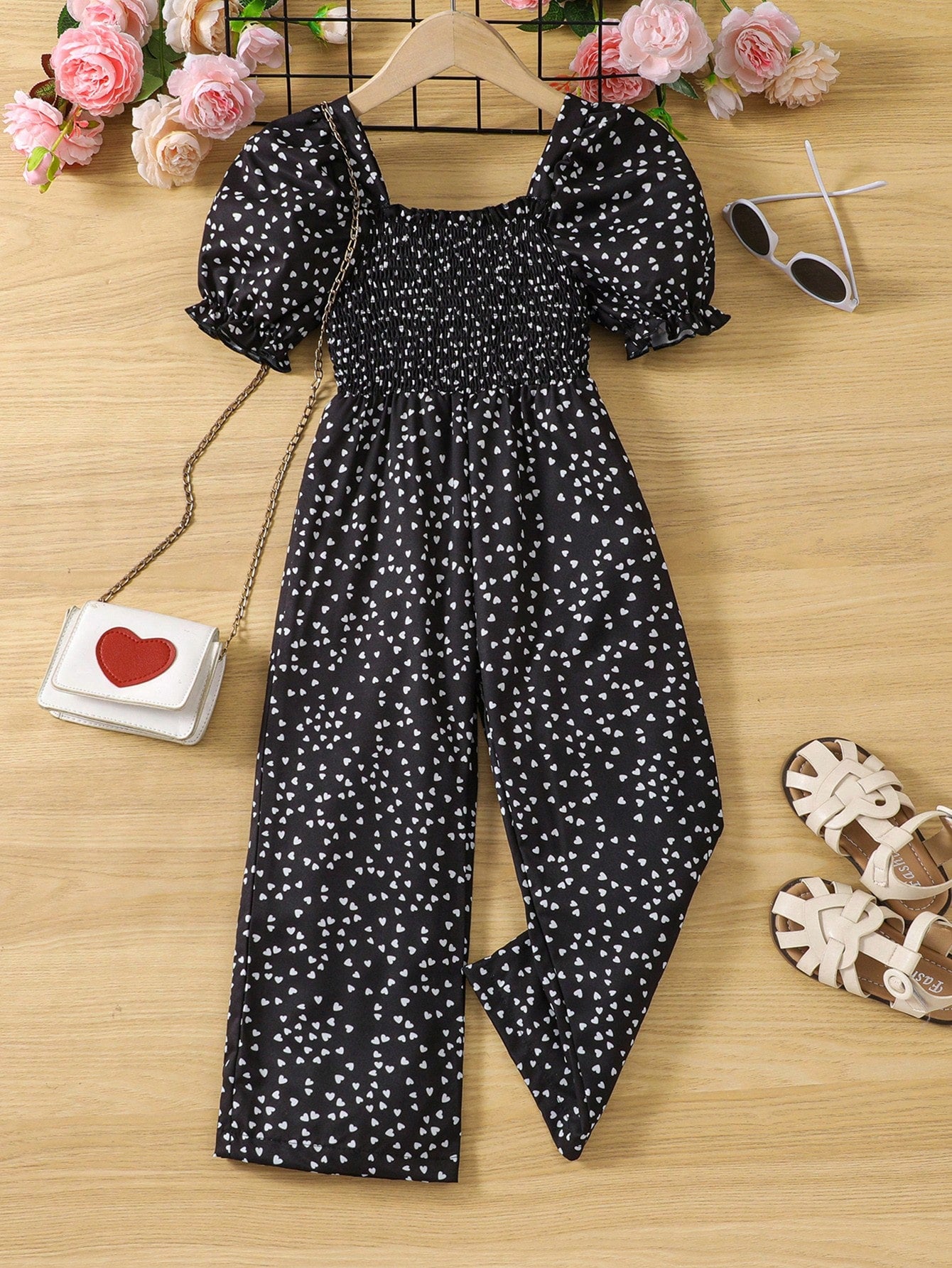 Young Girl Allover Heart Print Puff Sleeve Shirred Jumpsuit