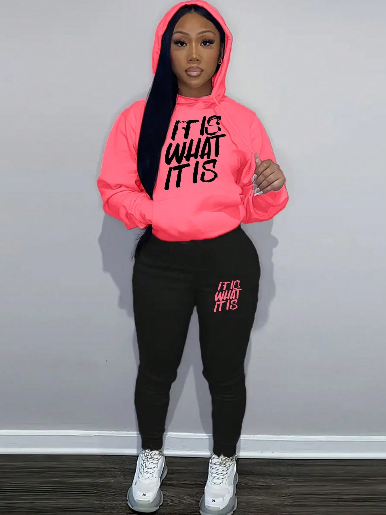 Women's Hooded Sweatshirt And Sweatpants Set With Slogan Print