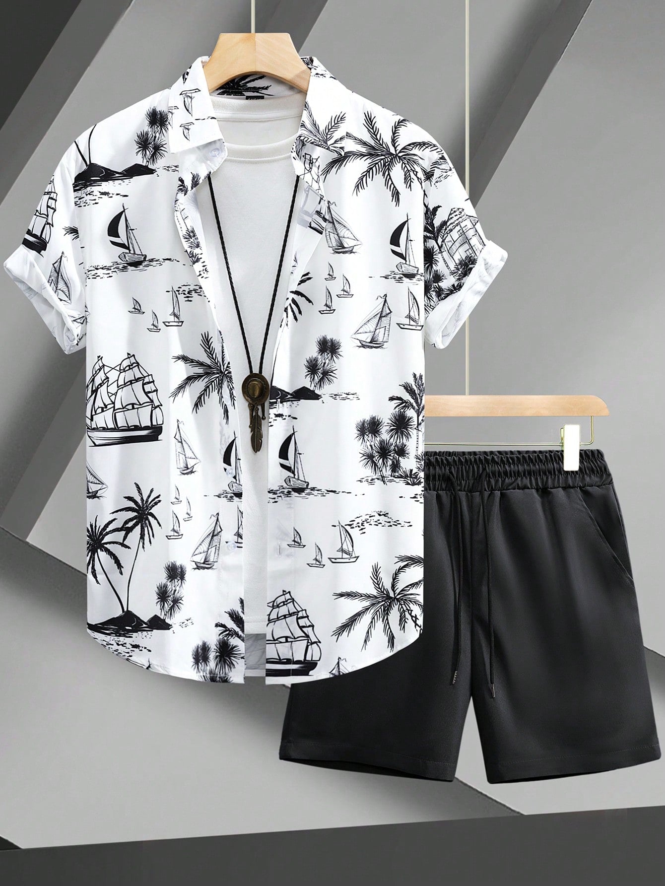 Men's All-over Printed Shirt And Shorts Set With Slanted Pockets