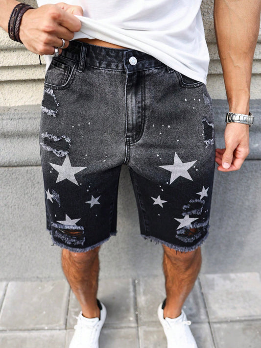 Men's Star Print Distressed Denim Shorts