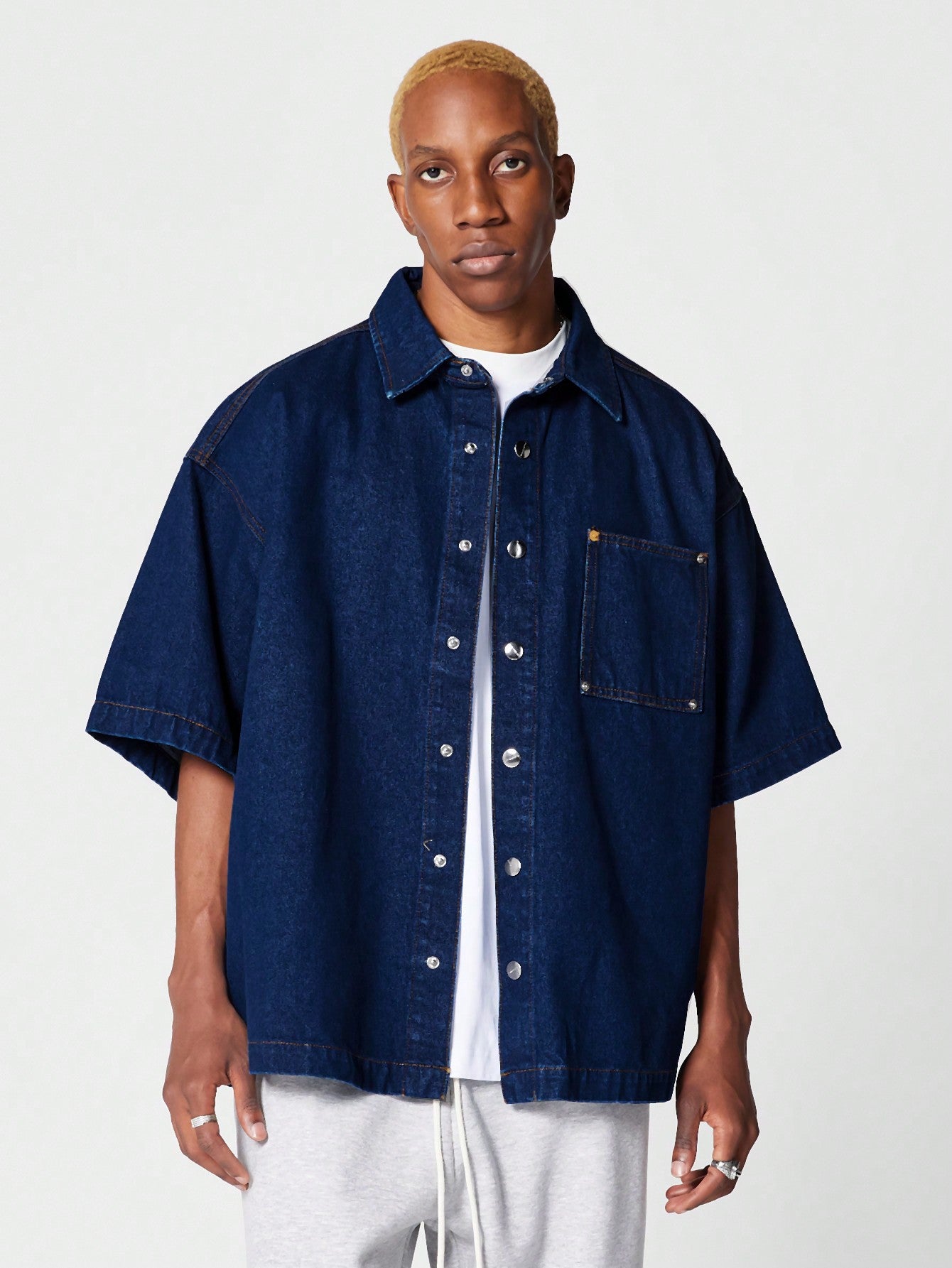 Oversized Fit Short Sleeve Denim Shirt With Front Pocket College Ready