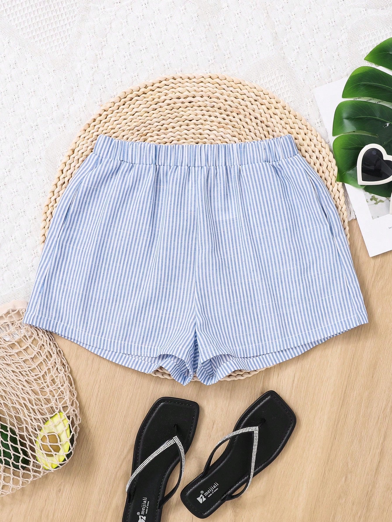 Teen Girls' Woven Striped Casual Shorts With Slanted Pockets