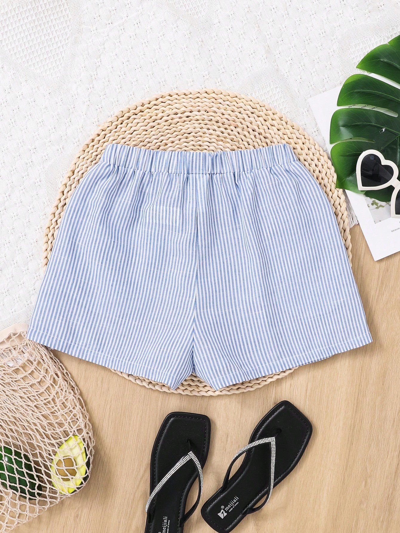 Teen Girls' Woven Striped Casual Shorts With Slanted Pockets