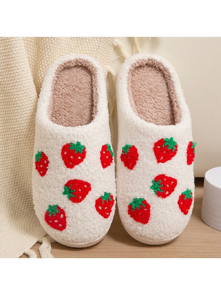 Women's Casual Plush House Slippers With Embroidered Strawberry Design, Autumn-Winter Style