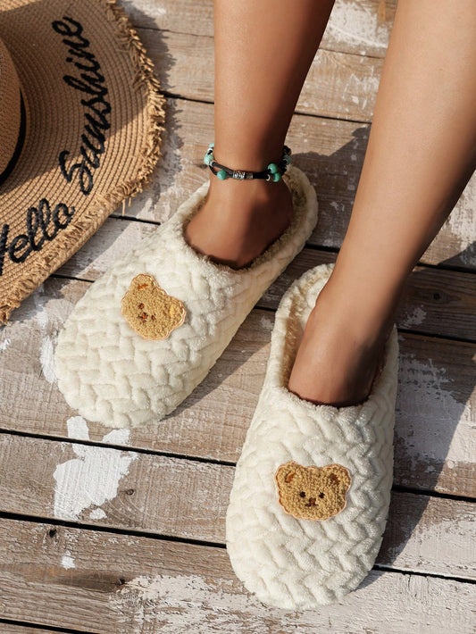 Bear Embroidered Fuzzy Bedroom Slippers, Fun Style Beige Preppy College Embroidered Cartoon Women's Home Slippers