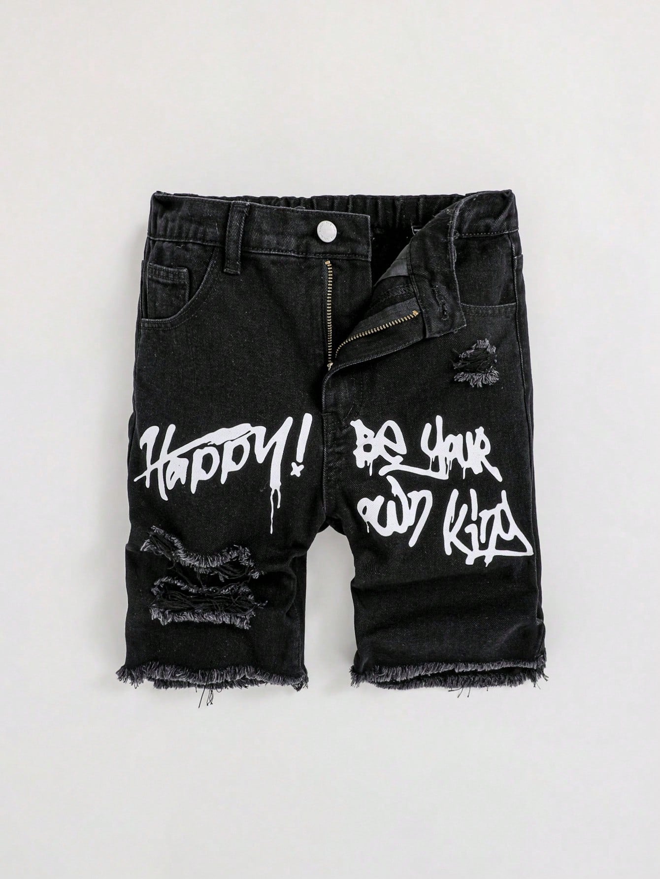 Tween Boy Loose Fit High Waisted Letter Print Denim Shorts