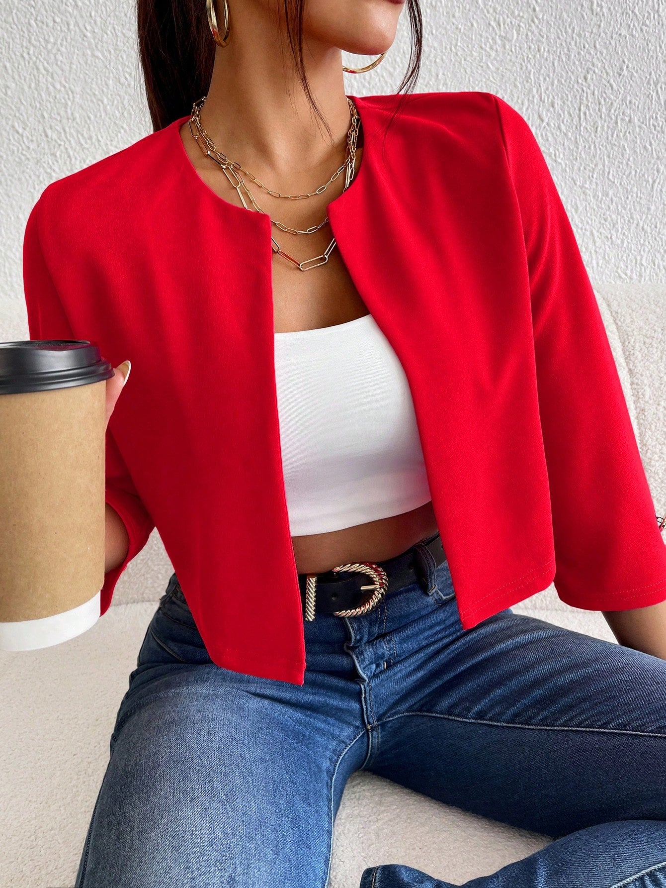 1pc Solid Open Front Crop Jacket