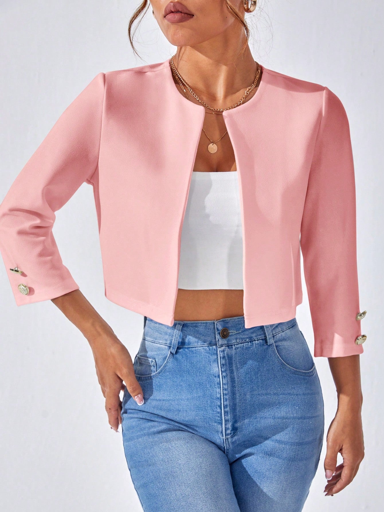 1pc Solid Open Front Crop Jacket