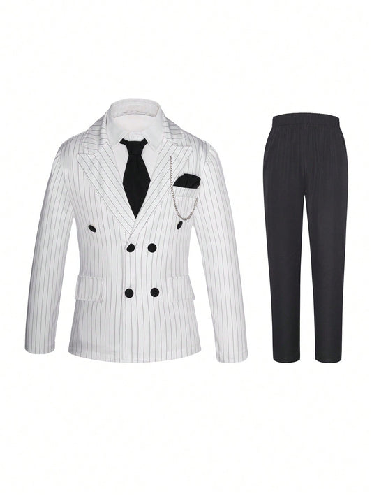 Tween Boy Gentleman Suit 2pcs/Set - Striped Double-Breasted Blazer And Solid Color Pants With Tie, Suitable For Birthday Parties, Evening Events, Weddings, Christenings, And First Birthdays