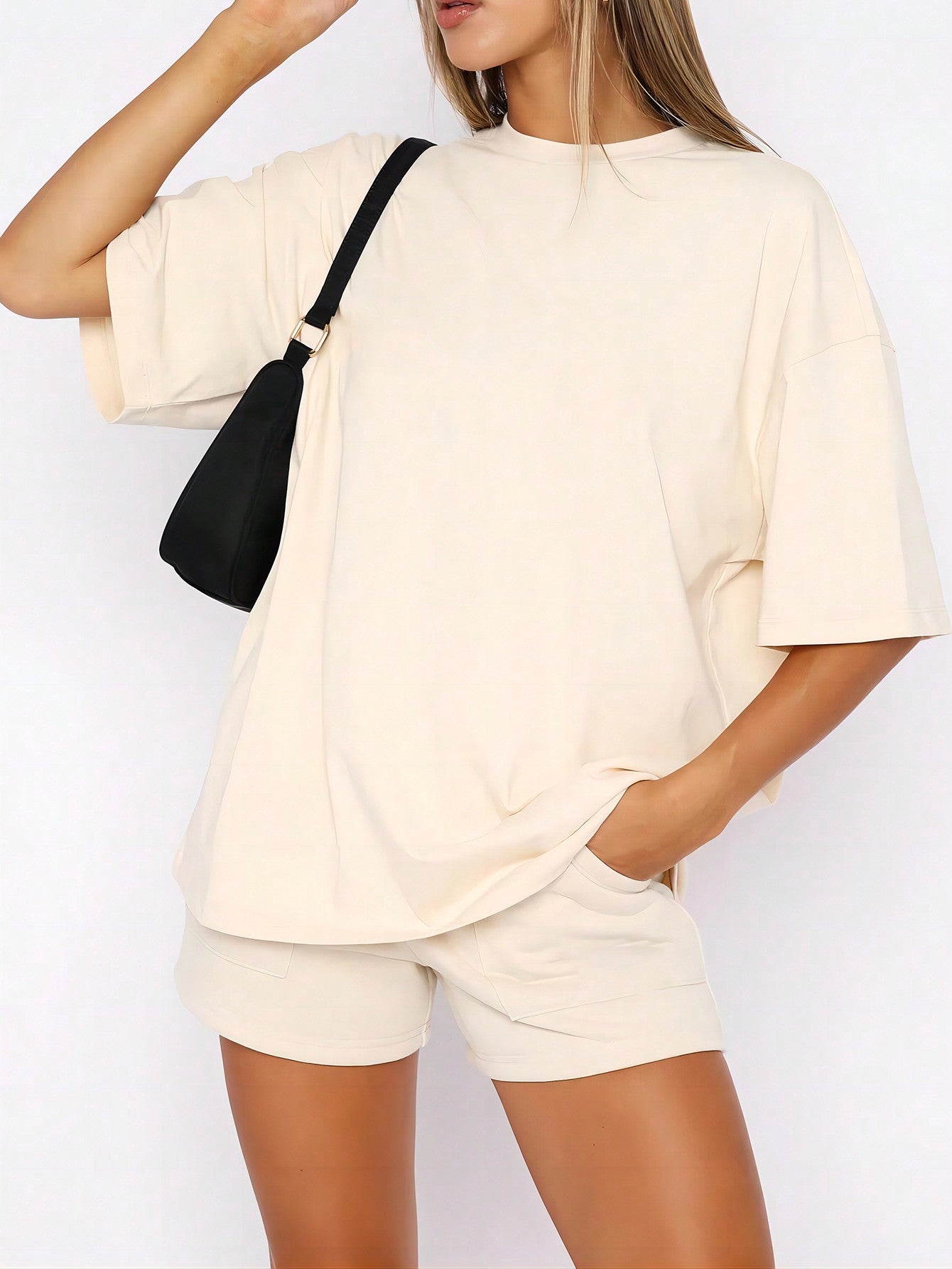 Women Solid Color Drop Shoulder Sleeve Spring/Summer T-Shirt And Shorts 2-Piece Set