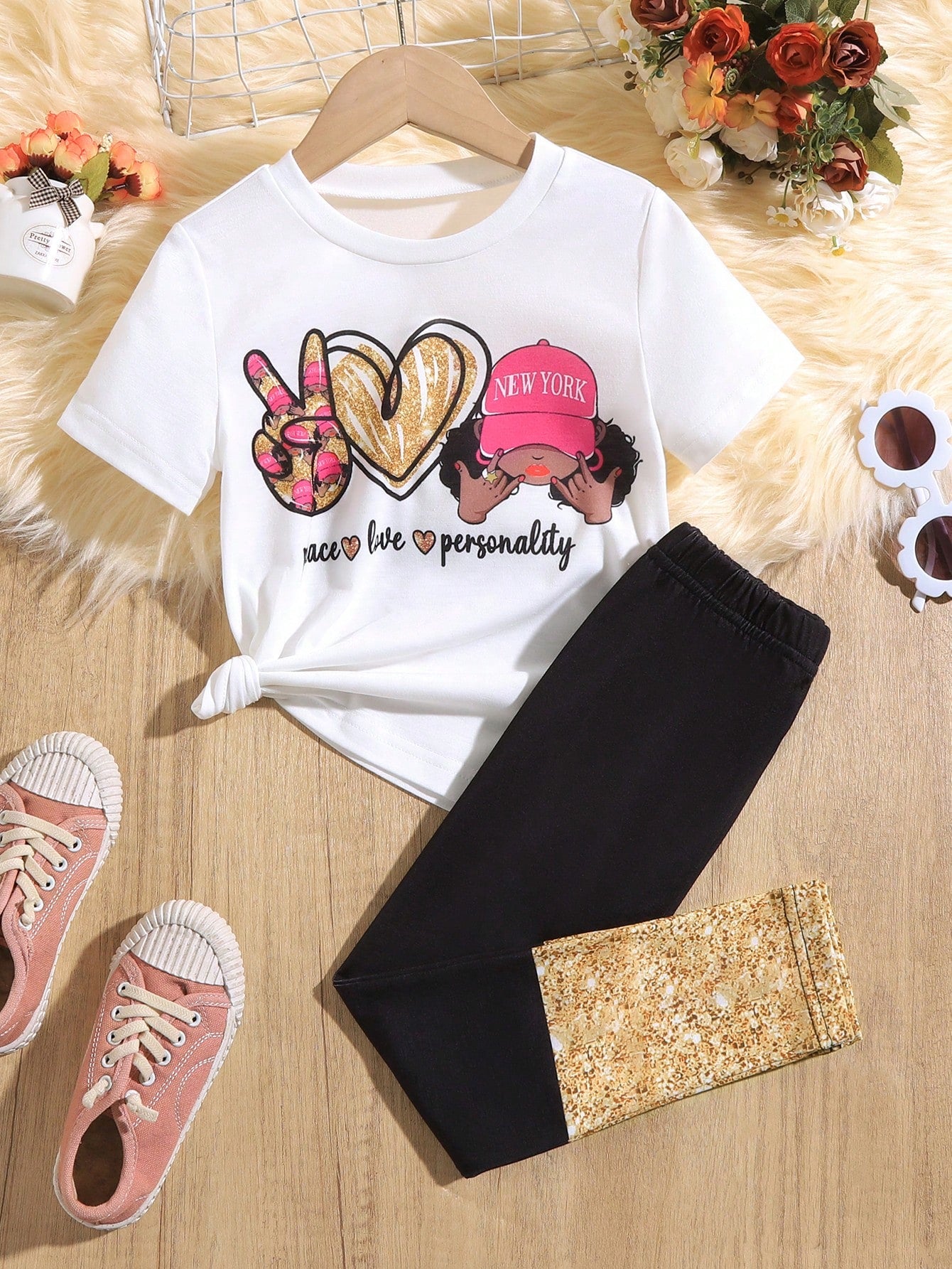 Young Girls' Letter & Portrait Printed Short Sleeve T-Shirt And Leggings Set