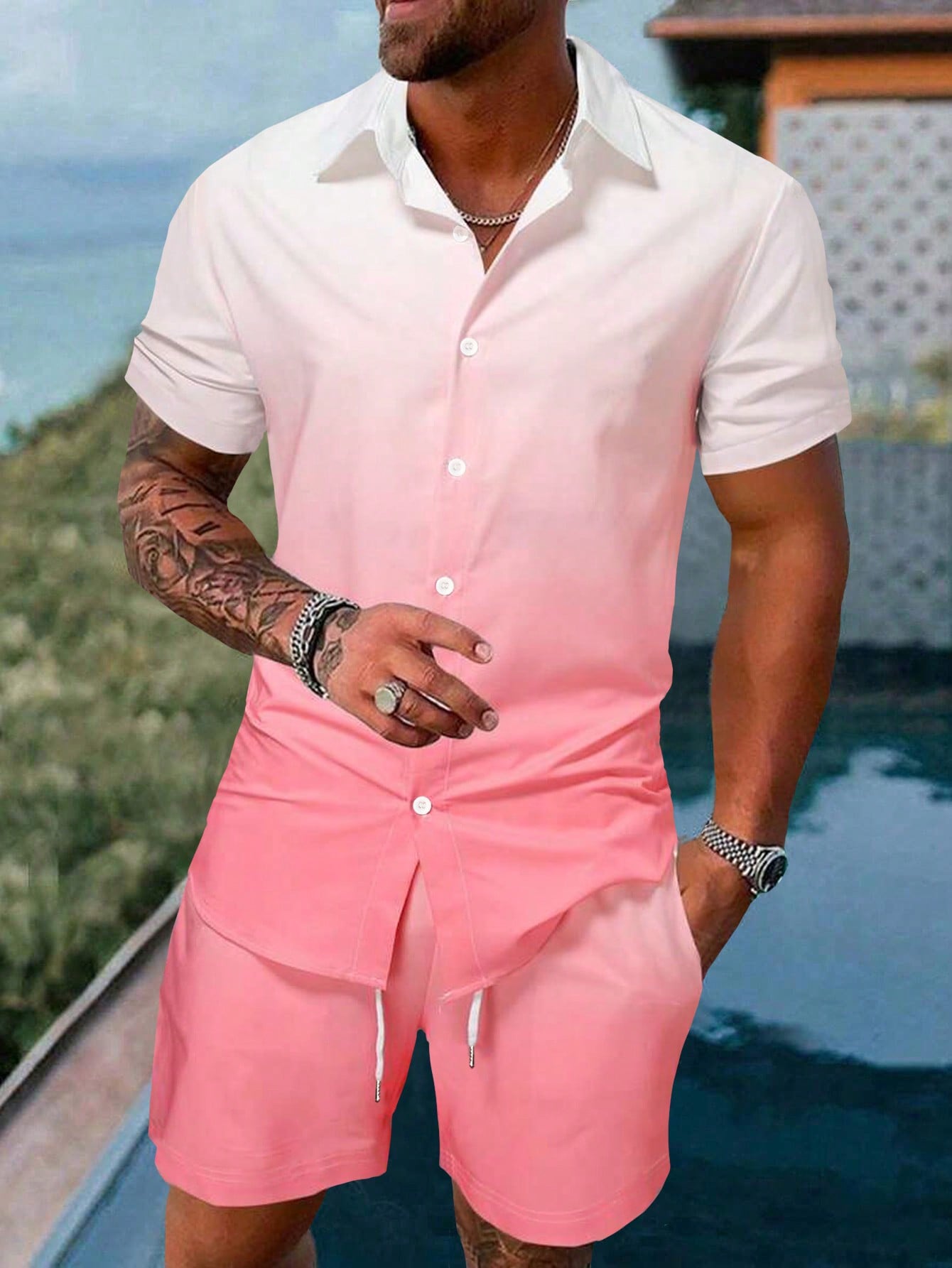 Men Plus Gradient Color Short Sleeve Shirt And Shorts Set