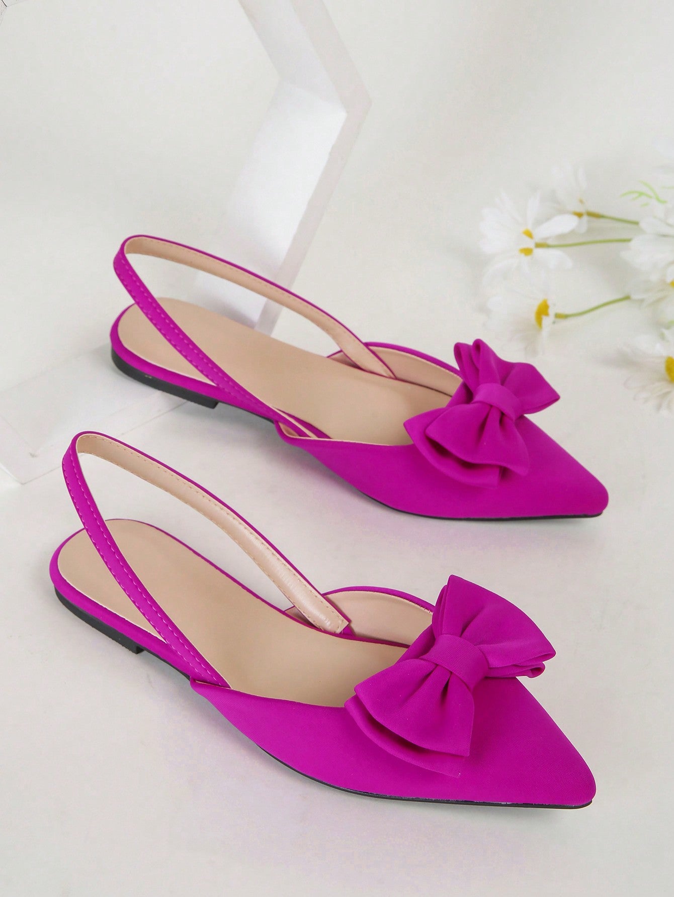 Women's Comfortable Flat Shoes With Pointed Toe, Hollow Out Design, Bowknot Detailing, And Back Straps (Rose Pink)