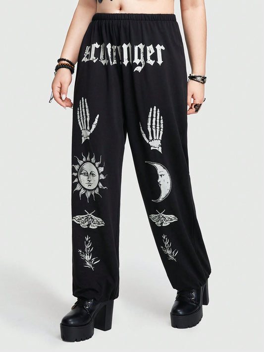 Goth Women's Plus Size Casual Elastic Waist Palm, Sun, Moon & Letter Print Sweatpants