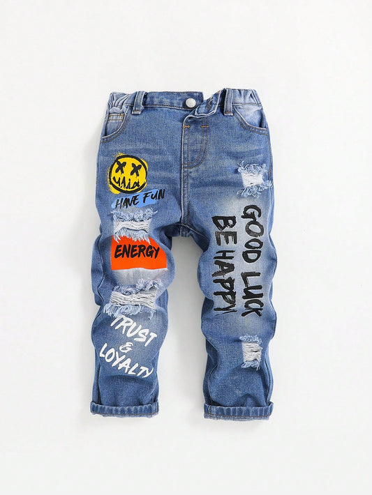 Young Boy Letter Cartoon Print Distressed Denim Jeans