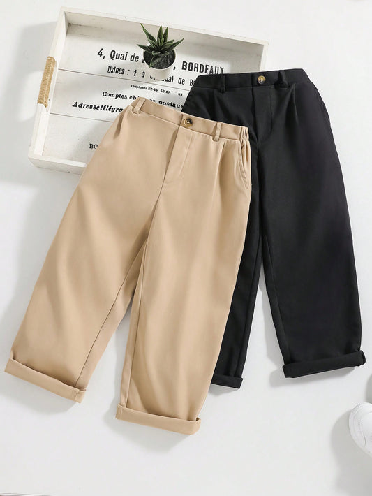 2pcs/Set Young Boys' Casual Sporty College Style Straight Leg Pants & Black Pants Suitable For Daily Wear, School, Travel, Parties In Spring And Summer