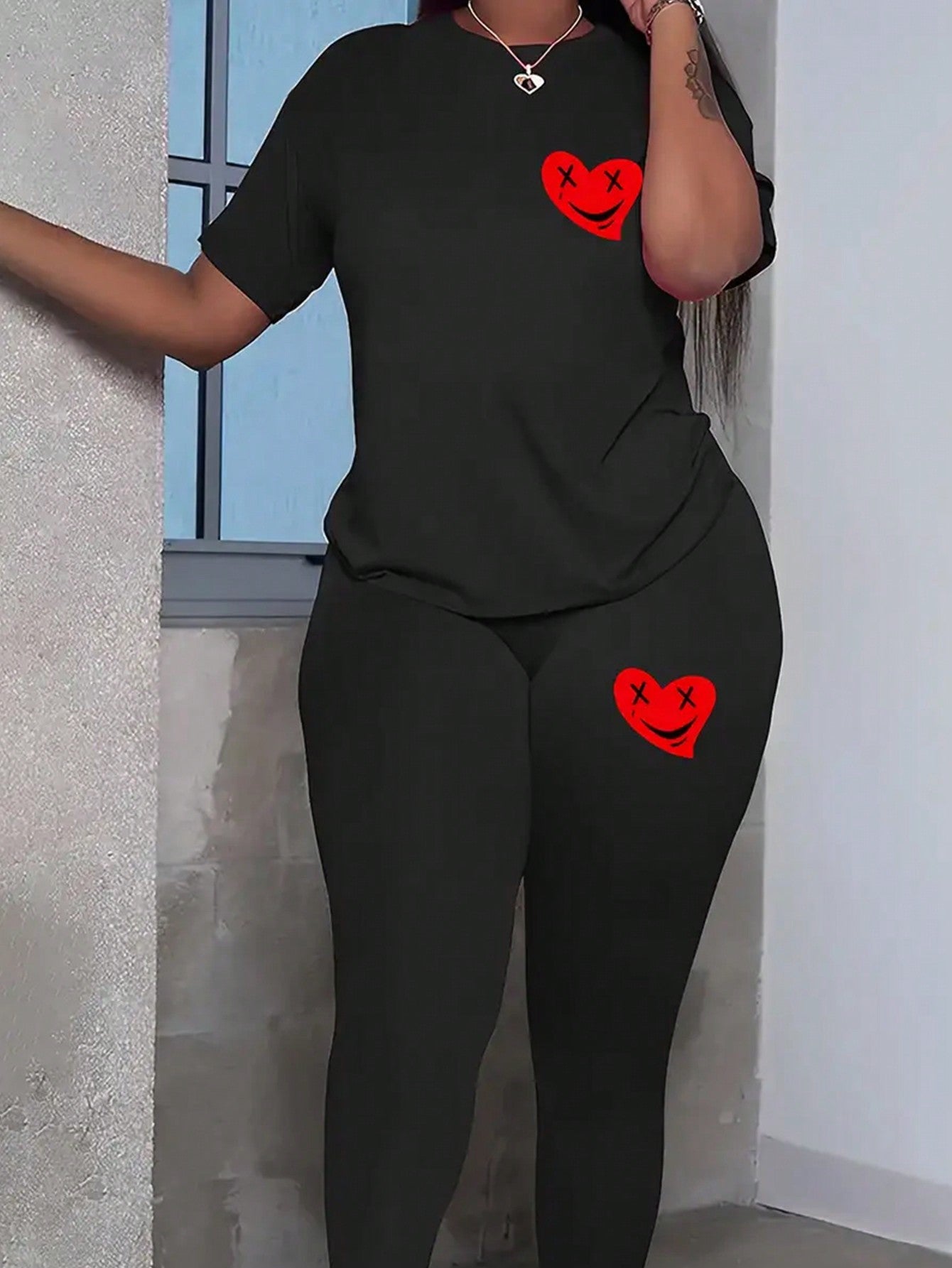 Women's Plus Size Heart Pattern Sporty Casual Two-Piece Set