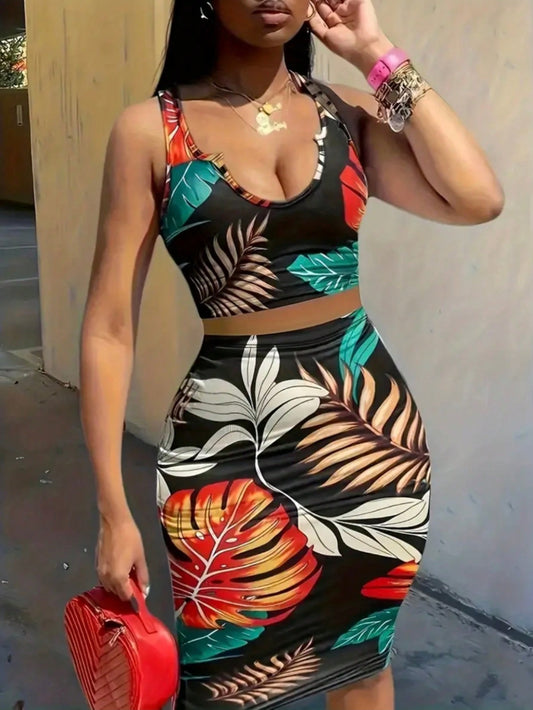 Women's Tropical Print Slim Fit Two Piece Set