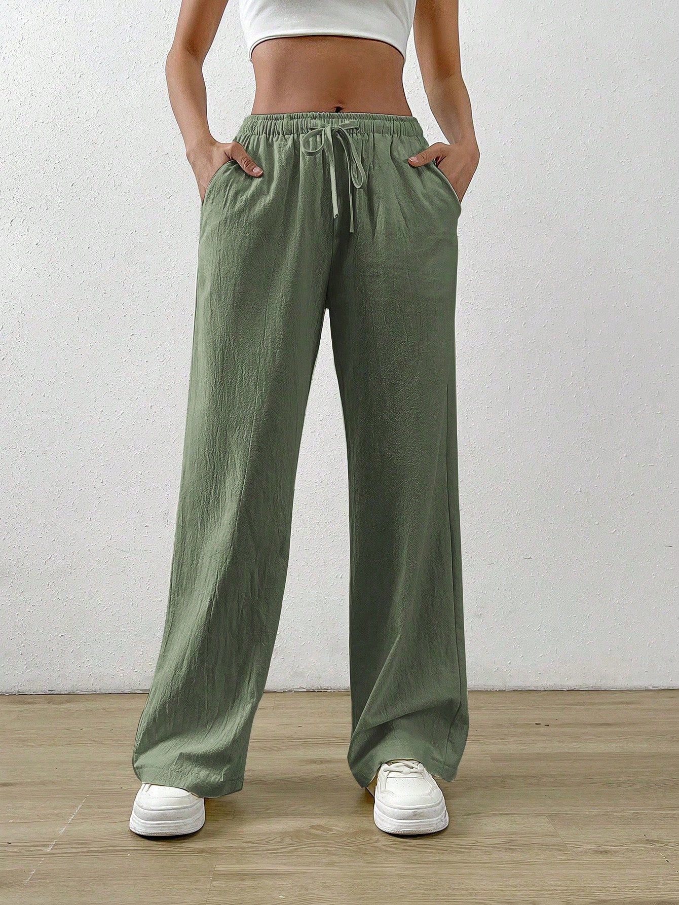 Cotton Loose Straight Drawstring Waist Slant Pocket Pants