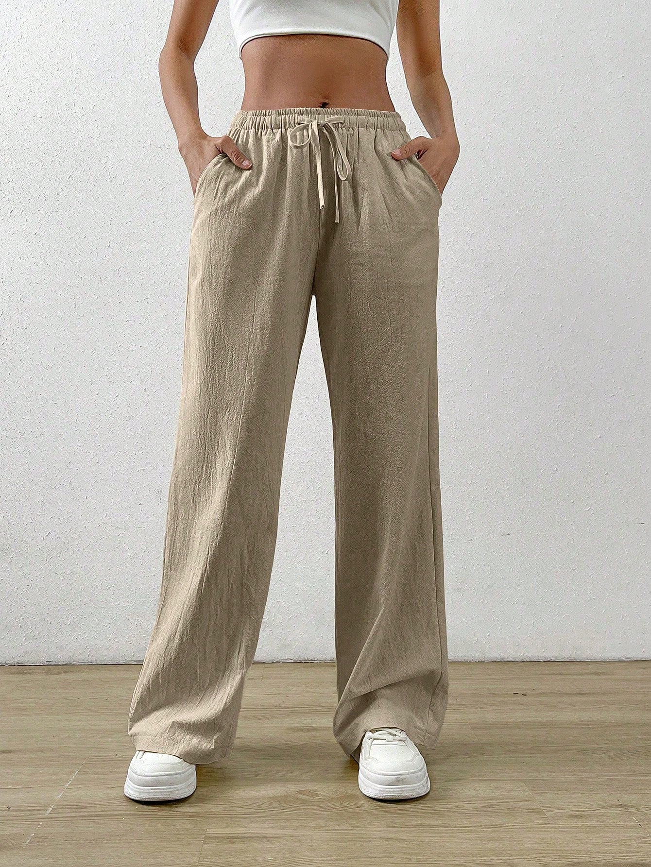 Cotton Loose Straight Drawstring Waist Slant Pocket Pants