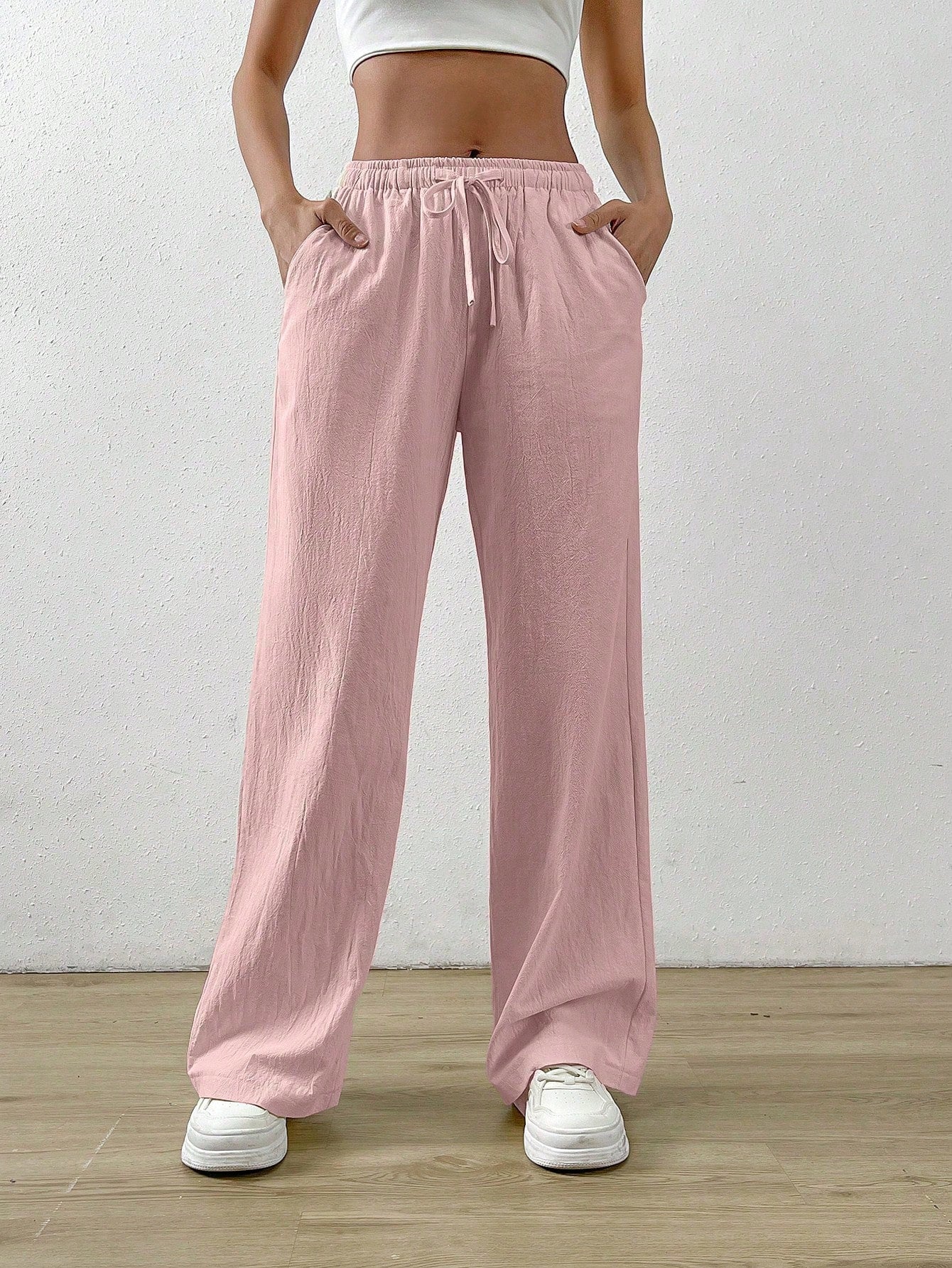 Cotton Loose Straight Drawstring Waist Slant Pocket Pants