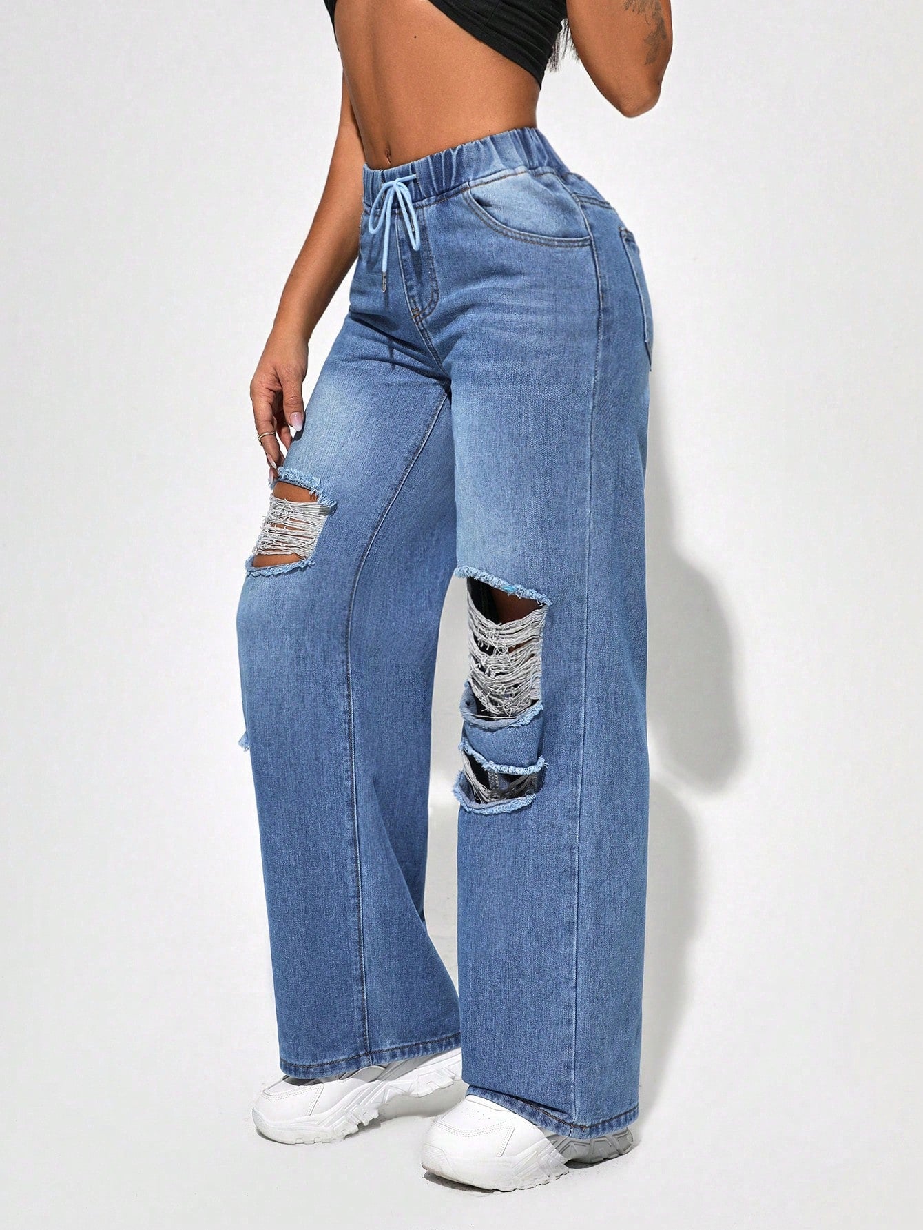 Drawstring Waist Cut Out Ripped Wide Leg Jeans