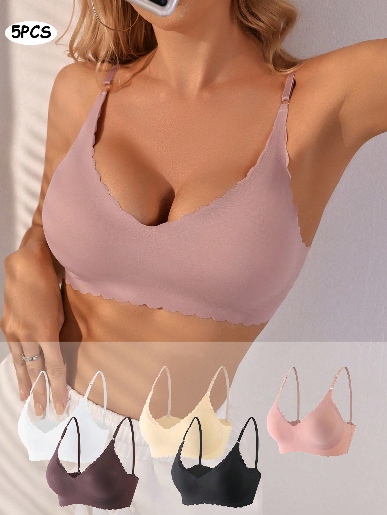 5pcs Women's Seamless Solid Color Bra With Scallop Shell Trim