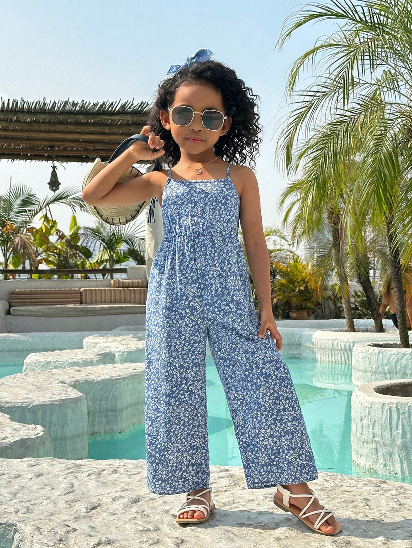 Young Girls' Holiday Casual Loose Fit Floral Print Jumpsuit With Spaghetti Straps