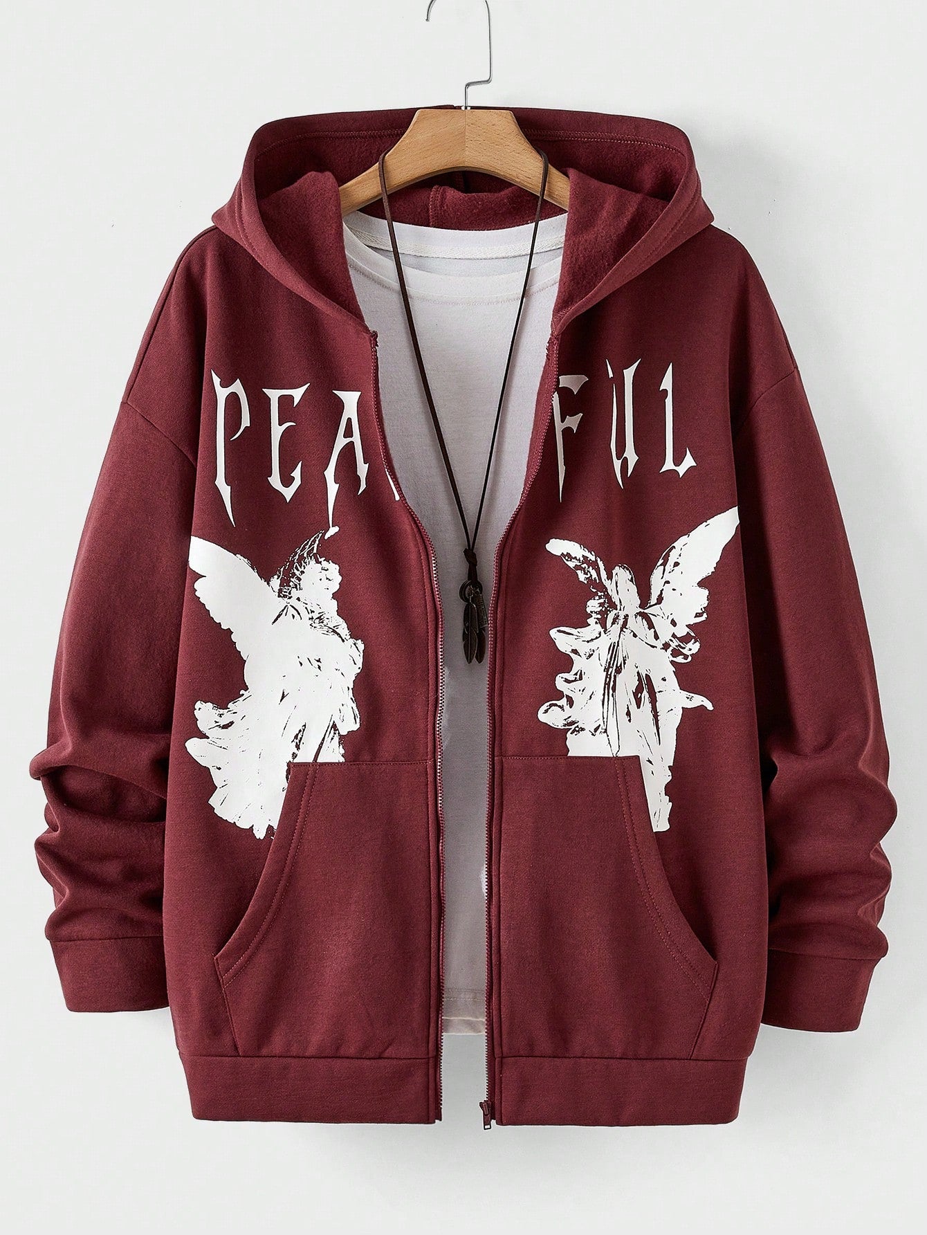 Loose Fit Men's Angel & Letter Print Kangaroo Pocket Hoodie