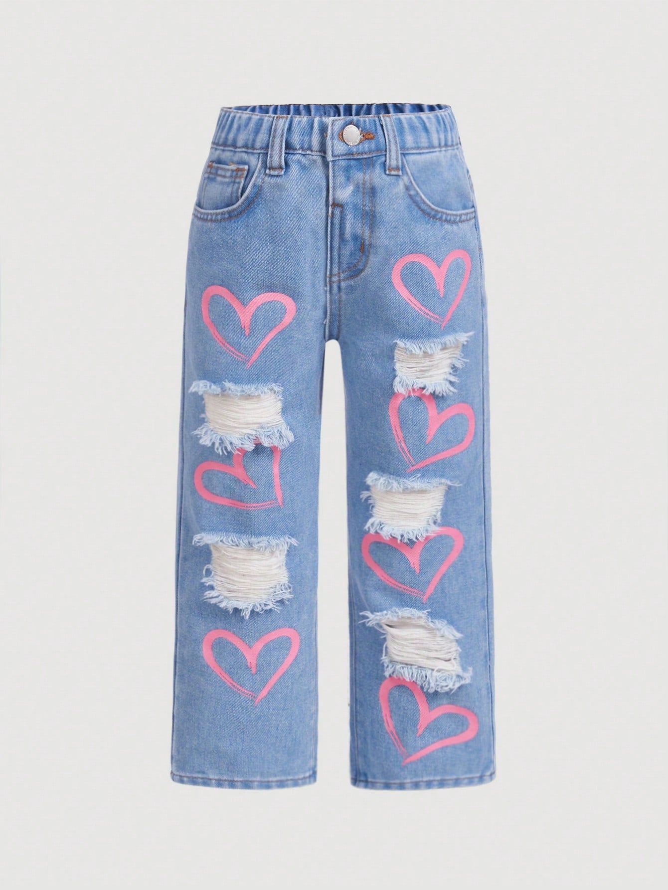 Young Girl Distressed Straight Leg Jeans In Washed Blue, Y2K Pink Heart Print