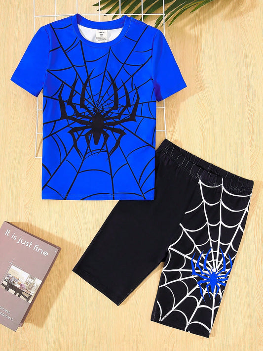 Tween Boy Snug Fit Casual Spider Print Round Neck Short Sleeve T-Shirt And Shorts Home Wear Knitted 2pcs Set, Summer Vacation Style