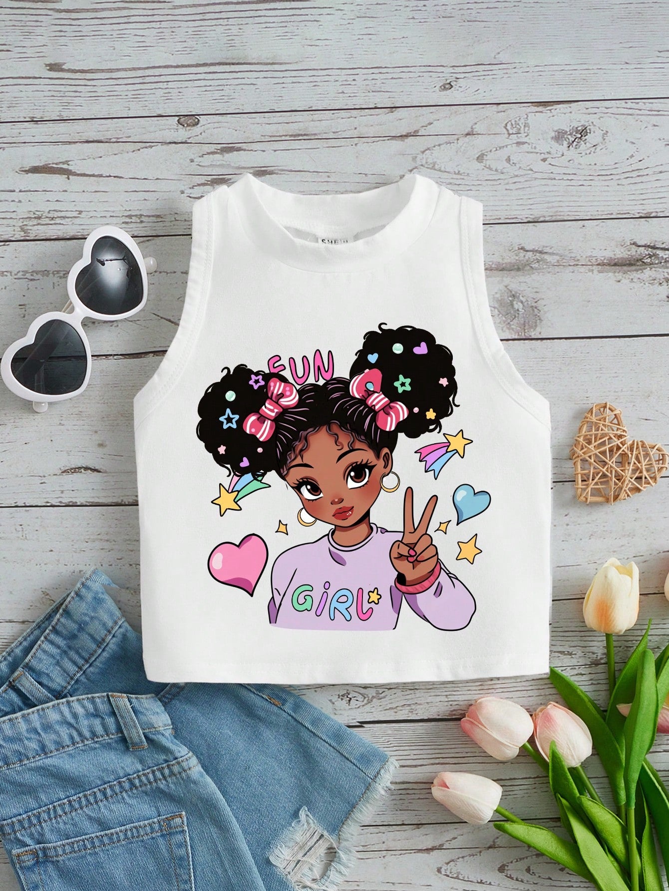 Young Girl Casual Simple Cartoon Ice Cream Pattern Round Neck Tank Top Suitable For Summer