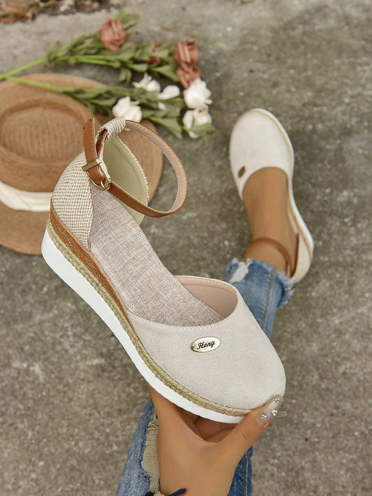 Women's Plus Size Faux Suede Spliced Fashionable Lightweight Espadrilles Sandals With Elegant Wedge Heel & Thick Sole