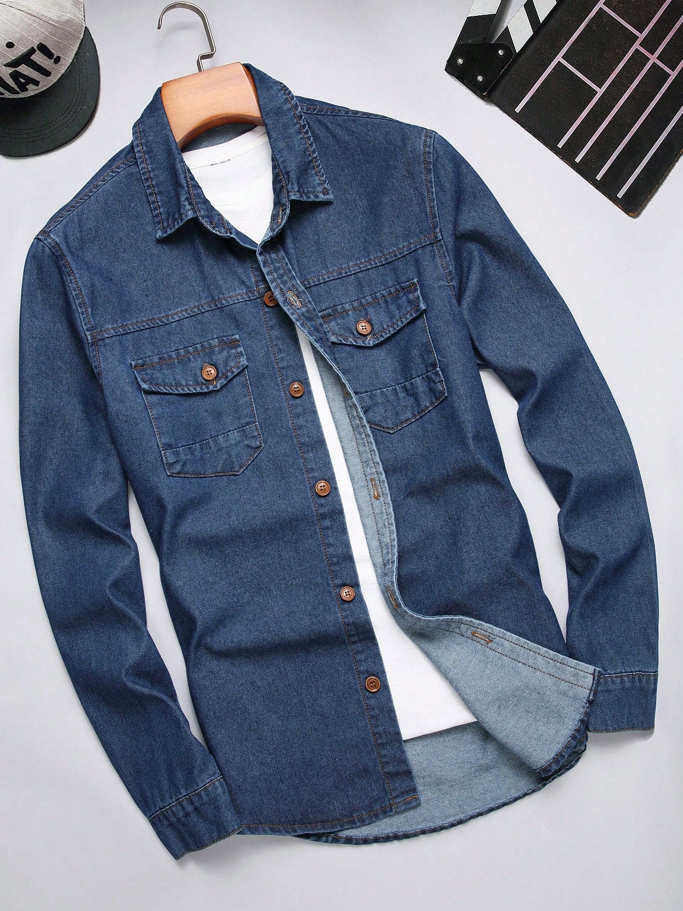 Men's Flip Pocket Long Sleeve Denim Shirt , Jean Button Up Cotton Plain Dark Blue Work Basic Husband