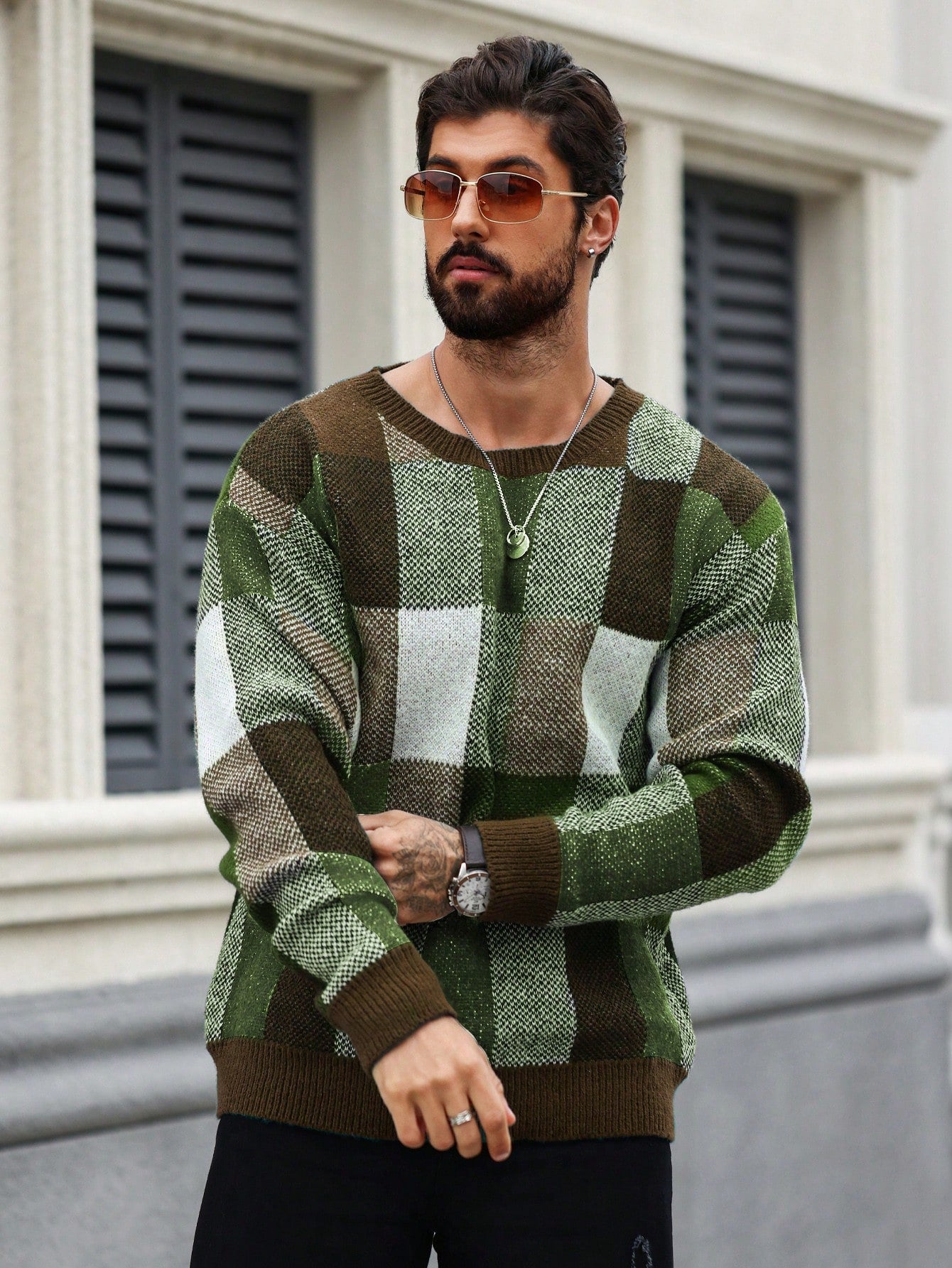 Men's Round Neck Plaid Sweater