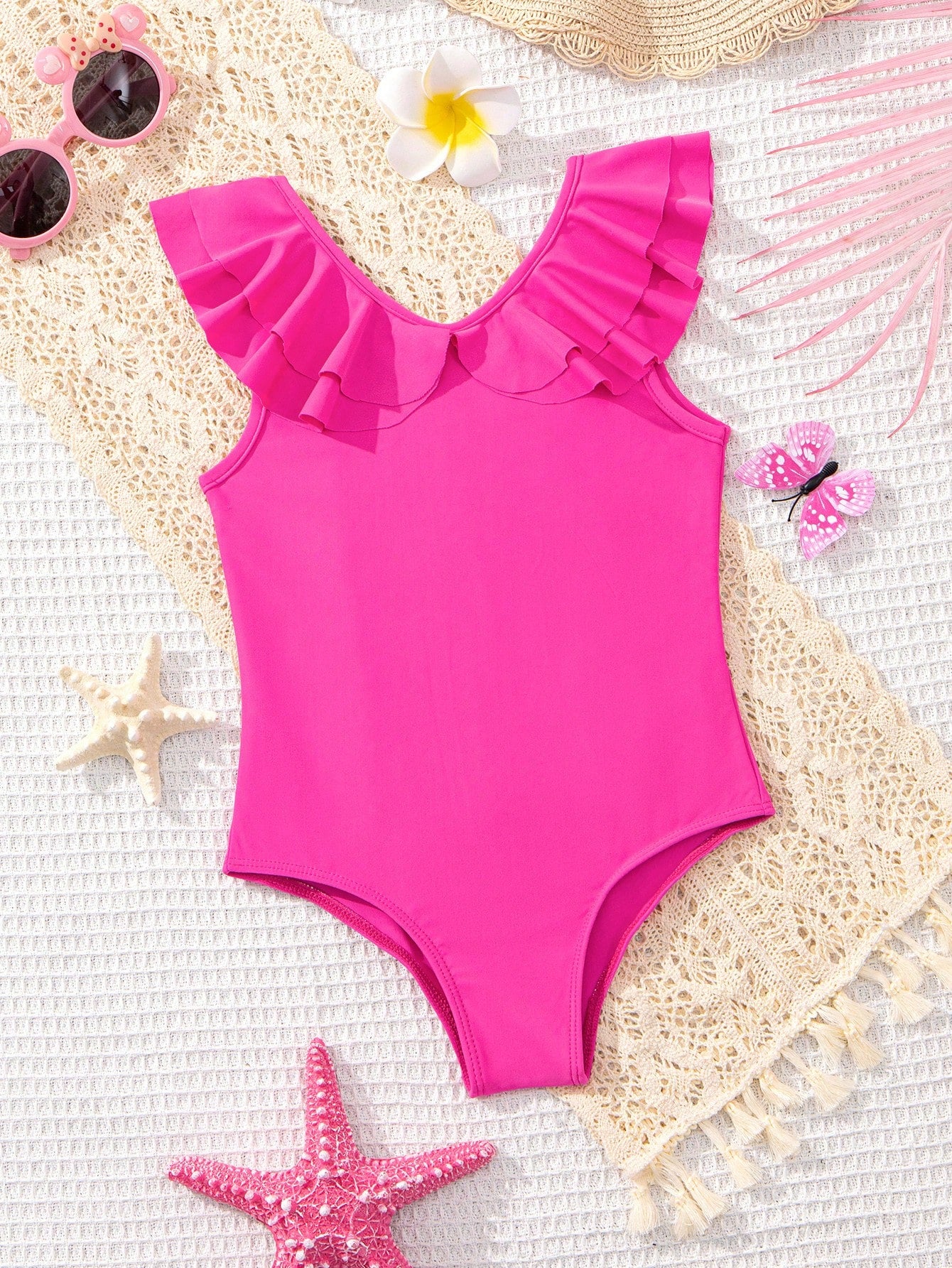 Young Girl Casual Knitted Solid Color One Piece Swimsuit With V-Neck Design