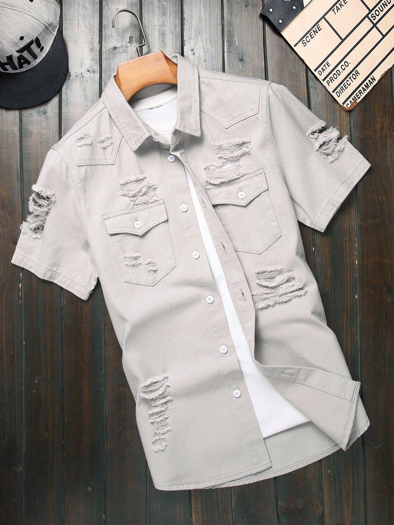 Men Simple Daily Ripped Denim Shirt