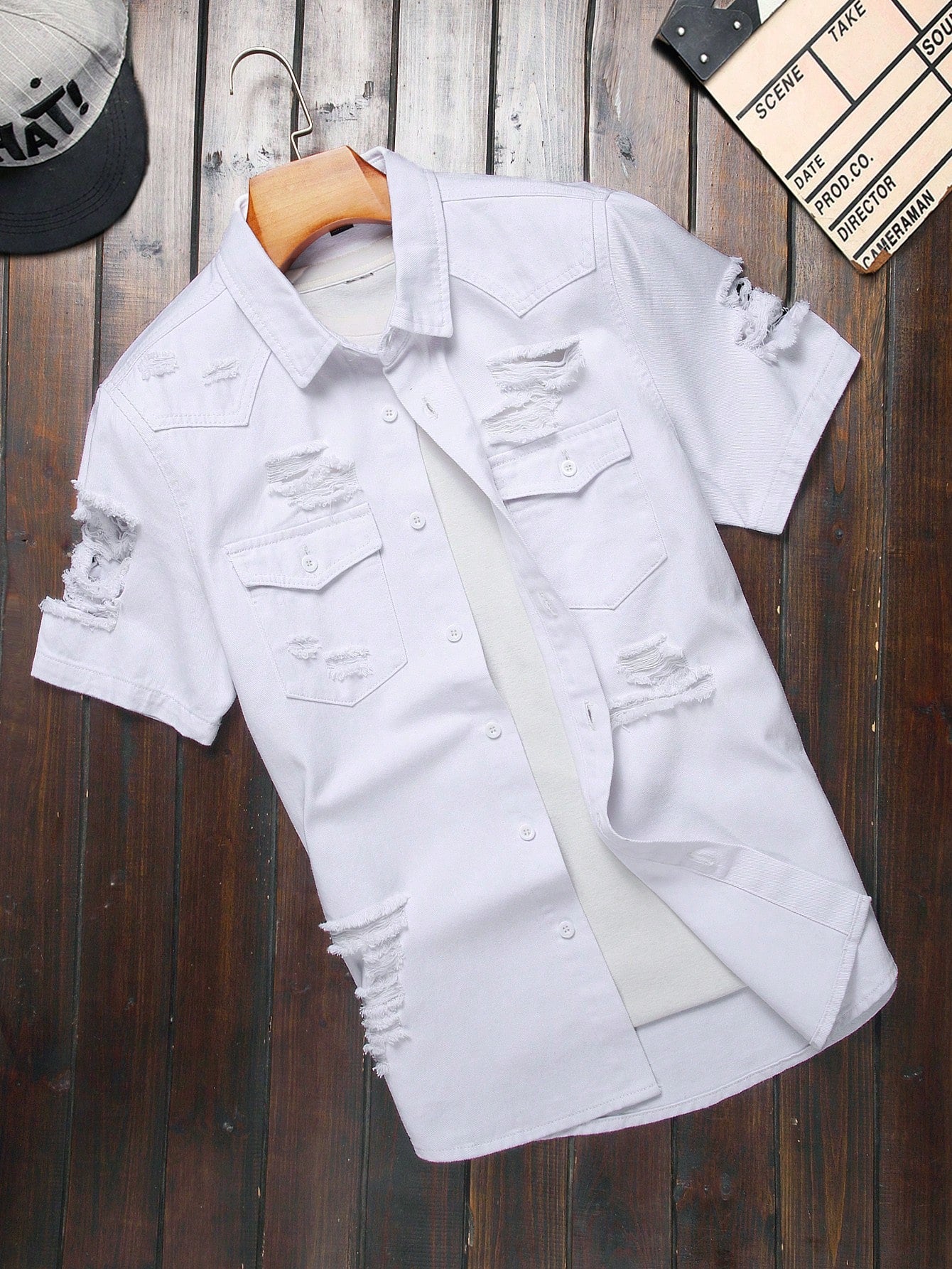 Men Summer White Short Sleeve Workwear Pocket Casual Denim Shirt With Distressed Detail