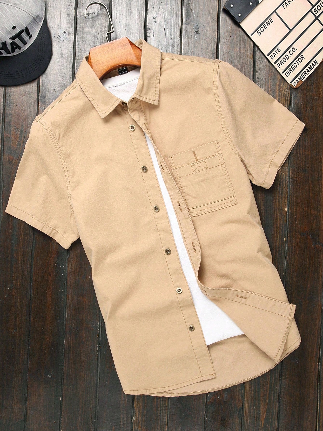 Men's Solid Color Button Front Casual Denim Shirt, Cotton Plain Cream Urban Shirt