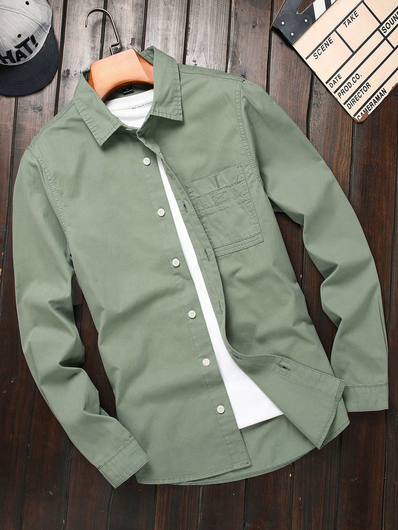 Men's Solid Color Long Sleeved Denim Shirt, Button Up Cotton Plain Dark Green Vintage Shirt