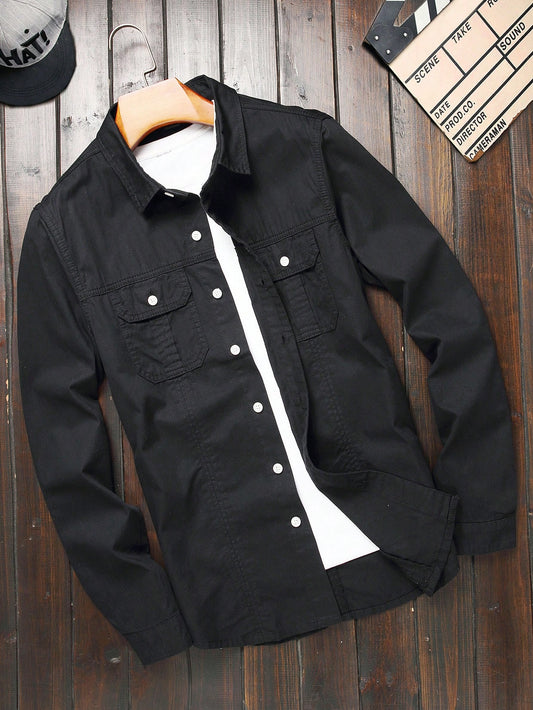 Men's Flip Pocket Long Sleeve Denim Shirt